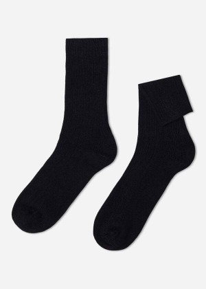 Calzedonia Ribbed Crew with Wool and Cashmere Men's Socks Blue | CA 1373BC