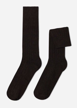 Calzedonia Ribbed Crew with Wool and Cashmere Men's Socks Brown | CA 1372VD