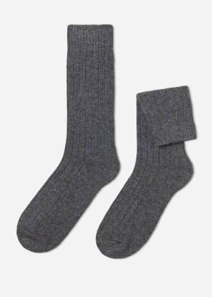 Calzedonia Ribbed Crew with Wool and Cashmere Men's Socks Grey | CA 1371CE