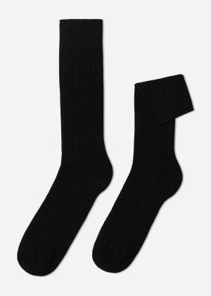 Calzedonia Ribbed Crew with Wool and Cashmere Men's Socks Black | CA 1370XF