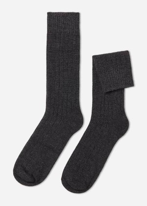 Calzedonia Ribbed Crew with Wool and Cashmere Men's Socks Grey | CA 1353RW