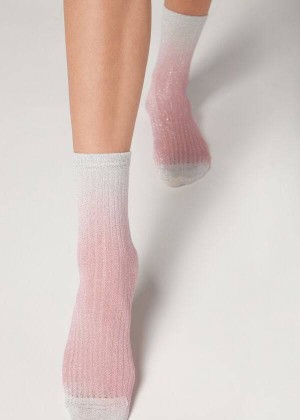 Calzedonia Ribbed Faded Short with Glitter Women's Socks Pink | CA 1717RW