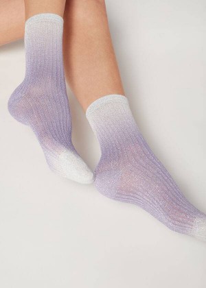 Calzedonia Ribbed Faded Short with Glitter Women's Socks Purple | CA 1716EX