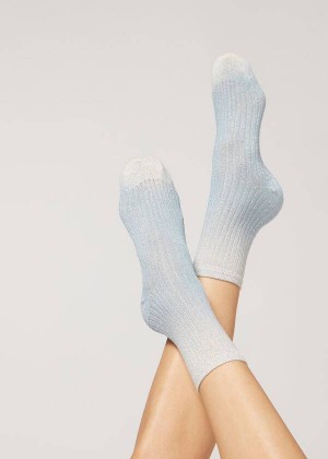 Calzedonia Ribbed Faded Short with Glitter Women's Socks Blue | CA 1715WY