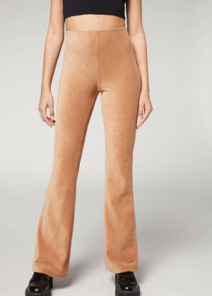 Calzedonia Ribbed Flared Velvet Women's Leggings Brown | CA 1518DN