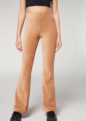 Calzedonia Ribbed Flared Velvet Women's Pants Brown | CA 1455WY