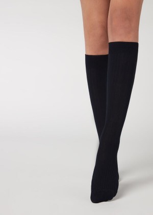 Calzedonia Ribbed Long with Cashmere Women's Socks Blue | CA 1938JJ