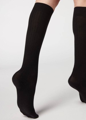 Calzedonia Ribbed Long with Cashmere Women's Socks Black | CA 1937HK