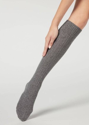 Calzedonia Ribbed Long with Wool and Cashmere Women's Socks Grey | CA 1936GL