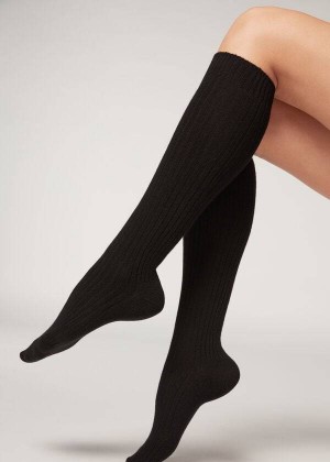 Calzedonia Ribbed Long with Wool and Cashmere Women's Socks Black | CA 1935FM