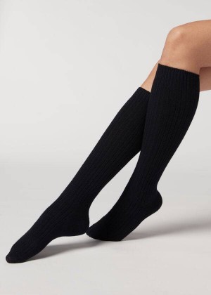 Calzedonia Ribbed Long with Wool and Cashmere Women's Socks Blue | CA 1934DN