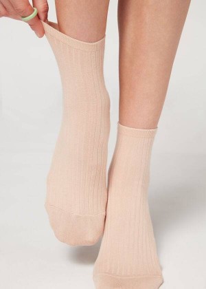 Calzedonia Ribbed Short Women's Socks Beige / Brown | CA 1709CE