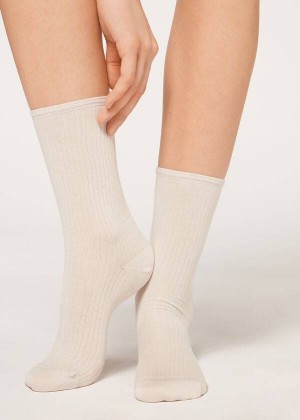 Calzedonia Ribbed Short Women's Socks Beige | CA 1704JJ