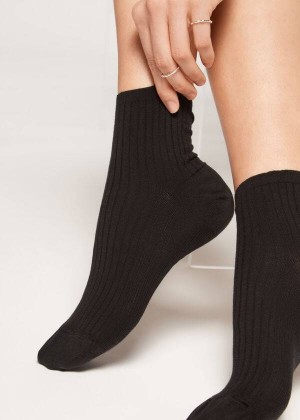 Calzedonia Ribbed Short Women's Socks Black | CA 1711BC