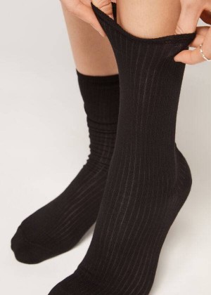 Calzedonia Ribbed Short Women's Socks Black | CA 1705KI