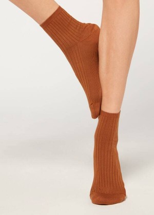 Calzedonia Ribbed Short Women's Socks Brown | CA 1707ZG