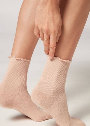 Calzedonia Ribbed Short Women's Socks Khaki | CA 1706LH