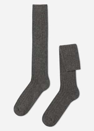 Calzedonia Ribbed Wool and Cashmere Long Men's Socks Grey | CA 1416GL