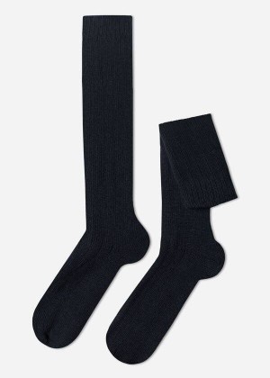 Calzedonia Ribbed Wool and Cashmere Long Men's Socks Blue | CA 1414DN