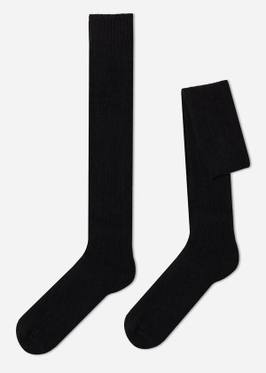 Calzedonia Ribbed Wool and Cashmere Long Men's Socks Black | CA 1413SO