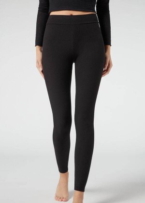 Calzedonia Ribbed with Cashmere Women's Leggings Black | CA 1516AP