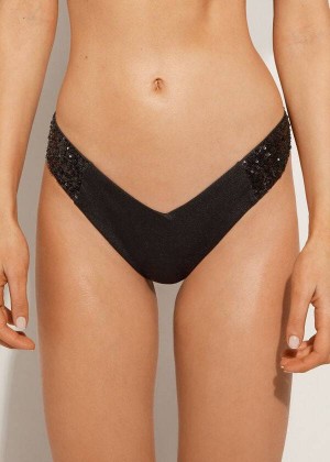 Calzedonia Sequined High-Cut Brazilian Cannes Cheeky Women's Bikini Bottoms Black | CA 2646AP