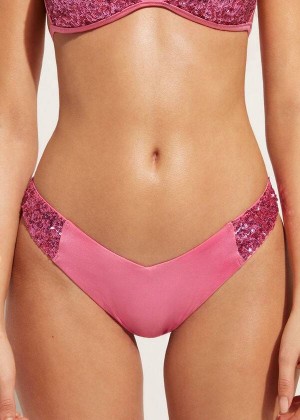 Calzedonia Sequined High-Cut Brazilian Cannes Cheeky Women's Bikini Bottoms Pink | CA 2645SO