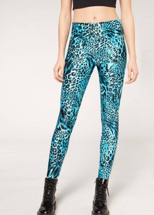 Calzedonia Shiny Animal-Print Athletic Women's Leggings Turquoise | CA 1510TV