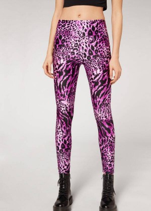 Calzedonia Shiny Animal-Print Athletic Women's Leggings Pink | CA 1509RW