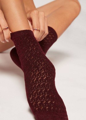 Calzedonia Short Openwork with Glitter Women's Socks Burgundy | CA 1686NB