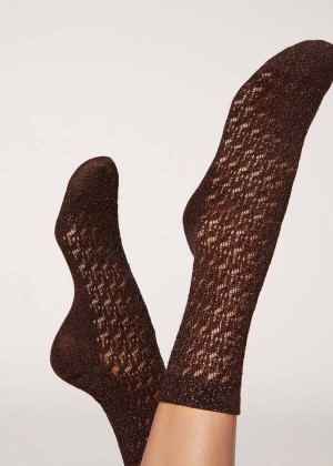 Calzedonia Short Openwork with Glitter Women's Socks Coffee | CA 1685BC