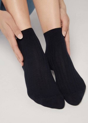 Calzedonia Short Ribbed with Cotton and Cashmere Women's Socks Blue | CA 1679KI