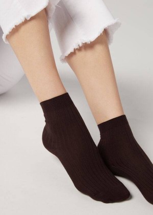 Calzedonia Short Ribbed with Cotton and Cashmere Women's Socks Brown | CA 1678JJ