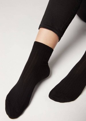 Calzedonia Short Ribbed with Cotton and Cashmere Women's Socks Black | CA 1677HK