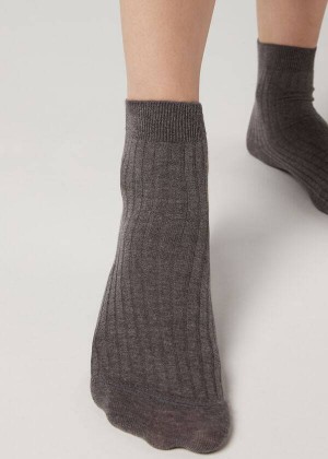 Calzedonia Short Ribbed with Cotton and Cashmere Women's Socks Coffee | CA 1676GL