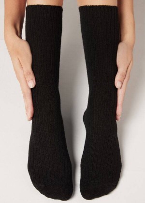 Calzedonia Short Ribbed with Wool and Cashmere Women's Socks Black | CA 1674DN