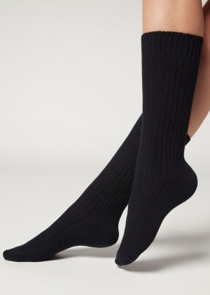 Calzedonia Short Ribbed with Wool and Cashmere Women's Socks Blue | CA 1673SO