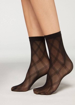 Calzedonia Short in Diamond Eco Mesh Women's Socks Black | CA 1691RW