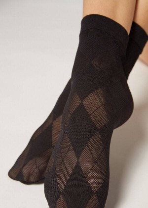 Calzedonia Short in Diamond Motif Mesh Women's Socks Black | CA 1689WY