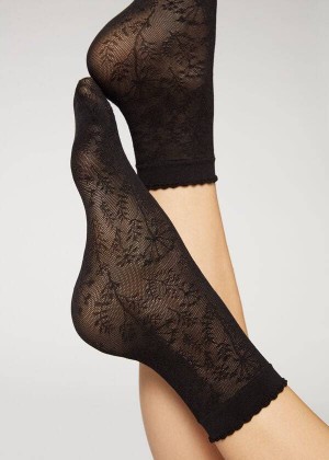 Calzedonia Short in Floral Pattern Mesh Women's Socks Black | CA 1687MA