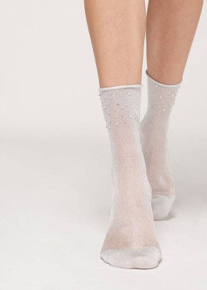 Calzedonia Short with Glitter and Crystals Women's Socks White | CA 1663WY