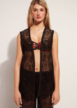 Calzedonia Sleeveless Crochet Women's Cover Ups Black | CA 2076NB