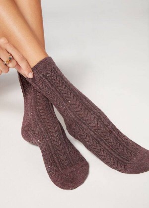 Calzedonia Slub Cotton Short Women's Socks Burgundy | CA 1660NB