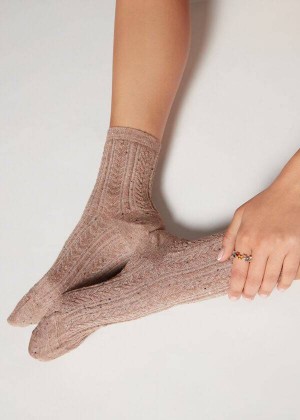 Calzedonia Slub Cotton Short Women's Socks Beige | CA 1657CE