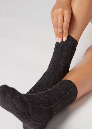 Calzedonia Slub Cotton Short Women's Socks Black | CA 1656XF