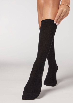 Calzedonia Smooth Cotton Mid-Calf Long Women's Socks Grey | CA 1933SO