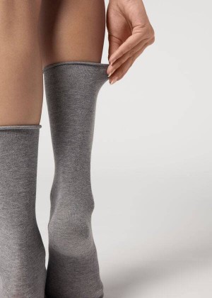 Calzedonia Smooth Cotton Mid-Calf Long Women's Socks Silver | CA 1929IS