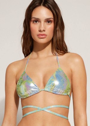 Calzedonia Snake-Pattern Triangle String Las Palmas Women's Bikini Tops Green | CA 2232NB