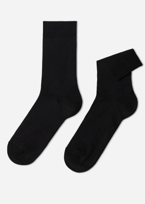 Calzedonia Stretch Cotton Crew Men's Socks Black | CA 1374NB