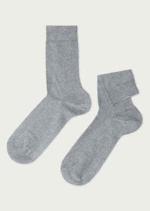 Calzedonia Stretch Cotton Crew Men's Socks Grey | CA 1354TV